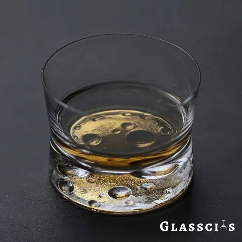Thick glass with moon design on the bottom.