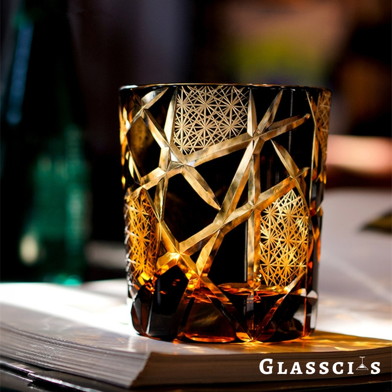 Japanese Royal Edo Kiriko Glass with yellow and black tones