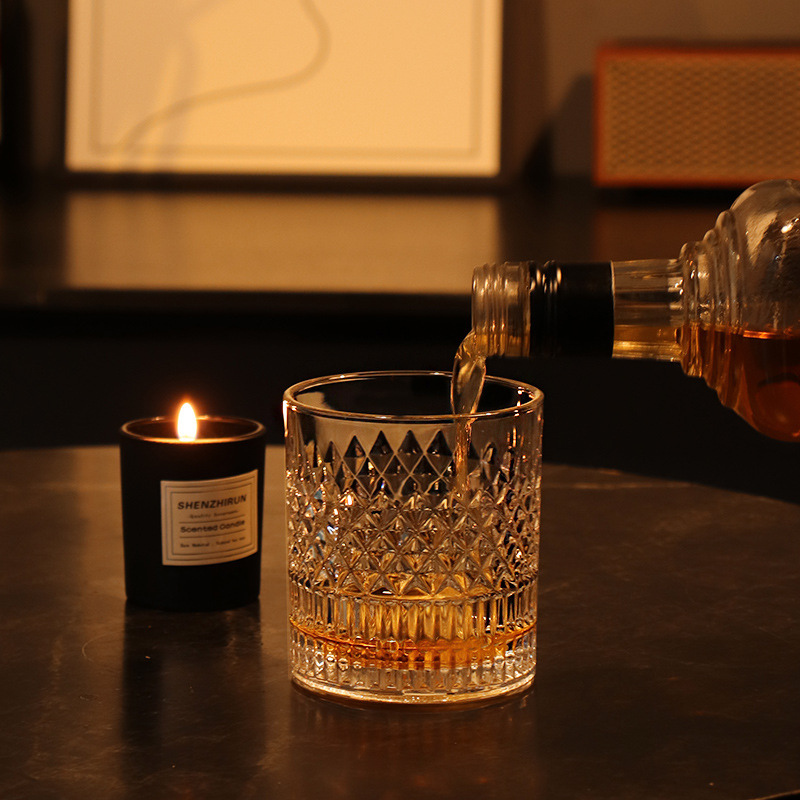 Rich texture and diamond patterns on bourbon drinking glass