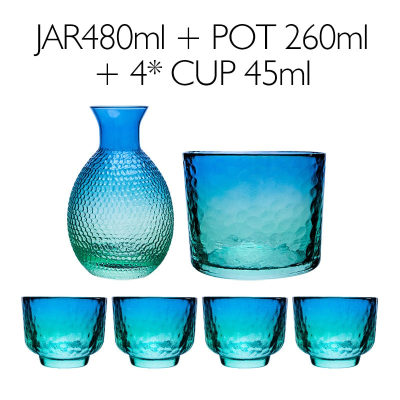 Coral Blue Transparent Sake Set with Warmer