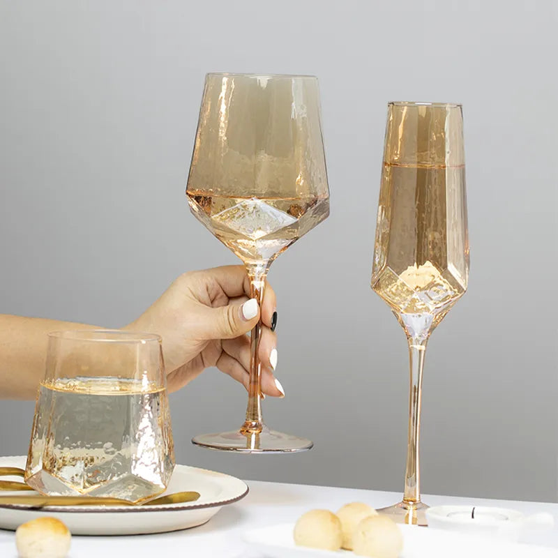 Amber Hammered Diamond Wine Glasses
