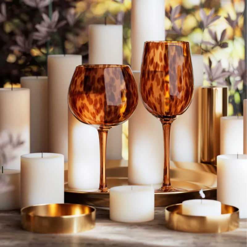 Amber leopard print hand blown wine glasses