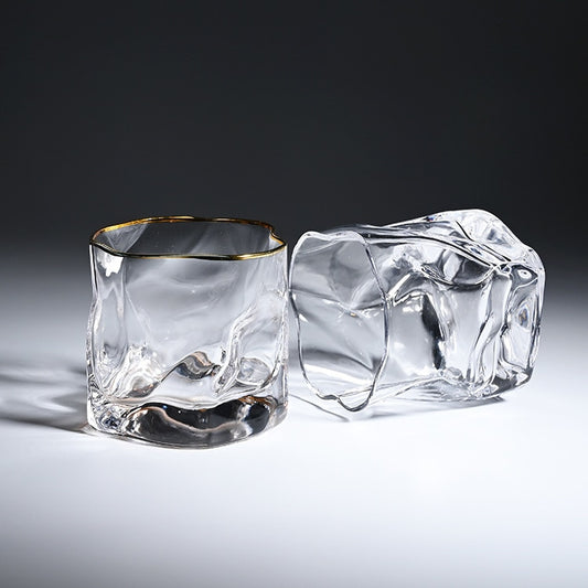 crumple whiskey glass with golden rim