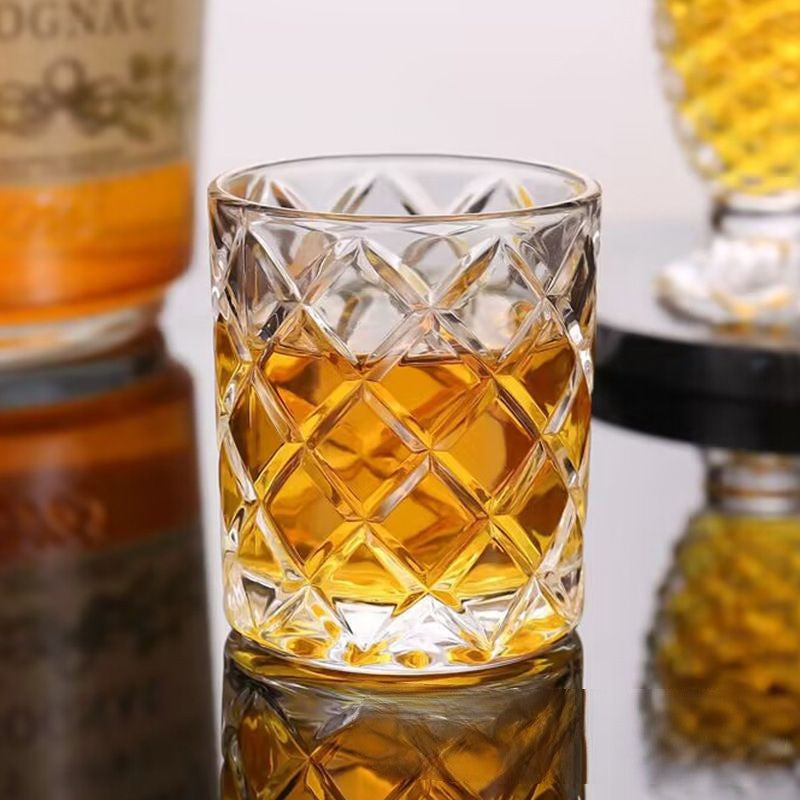 Close-up view of diagonal cuts on crystal rocks glasses
