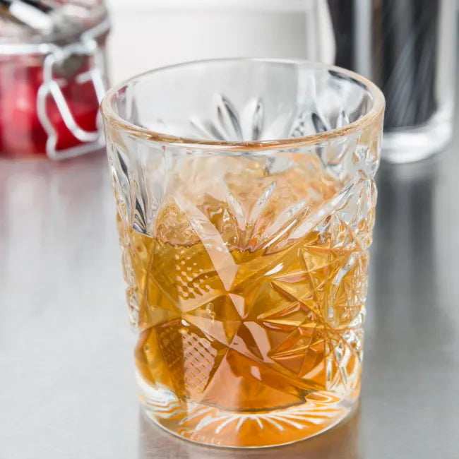 American cut crystal whiskey glasses with pentagram star pattern