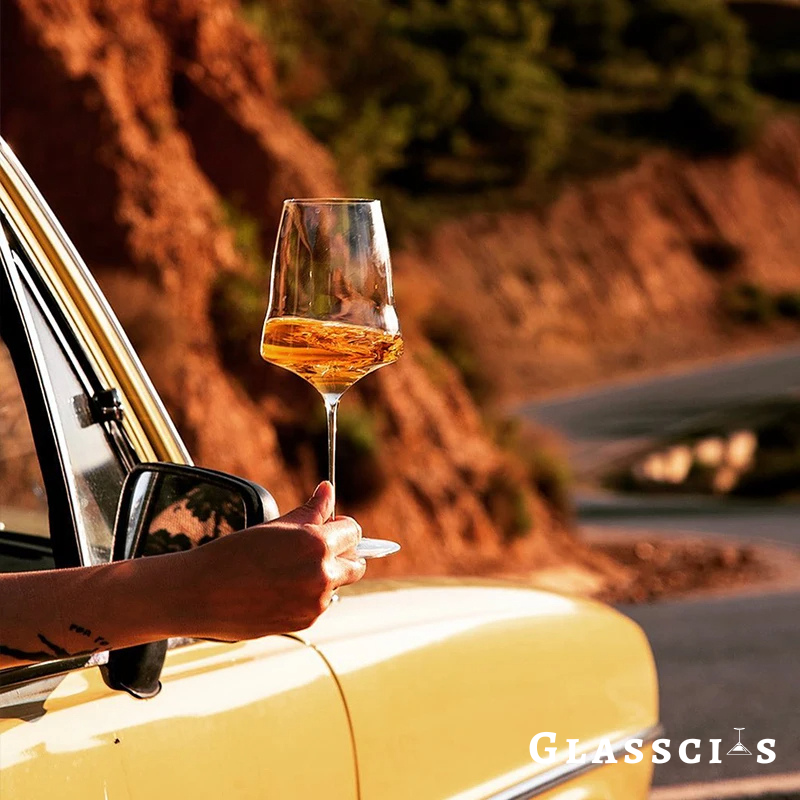 swirling josephinen wine glass on a road trip