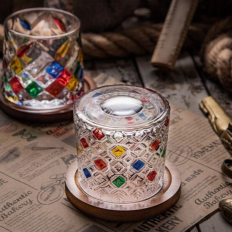 painted rocking whiskey glass with coaster