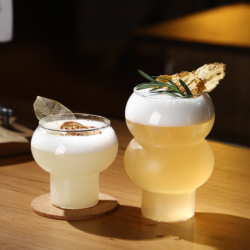 stemless cocktain glasses in gourd shape design by glasscias