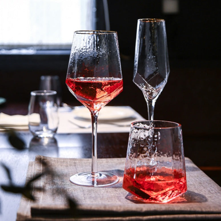 Diamond Wine Glasses with Luxurious Gold Rim
