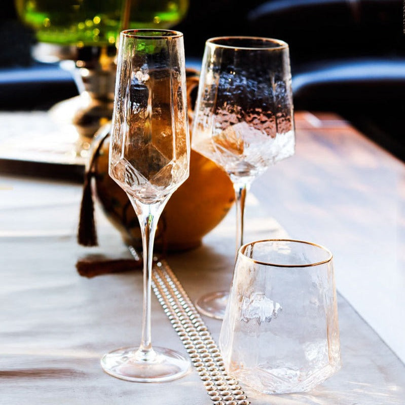 Luxurious Diamond Cut Wine Glasses with Gold Highlights