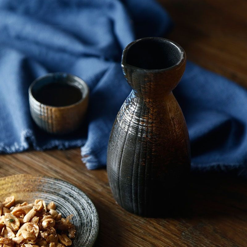 Retro-inspired blue black brown sake set