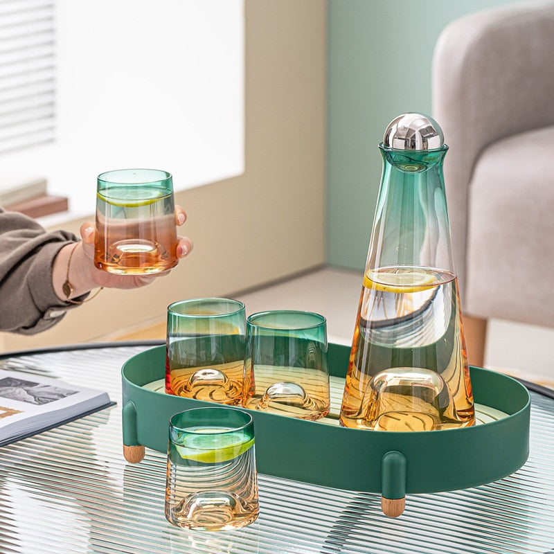 Nordic style glass pitcher with a touch of golden shimmer