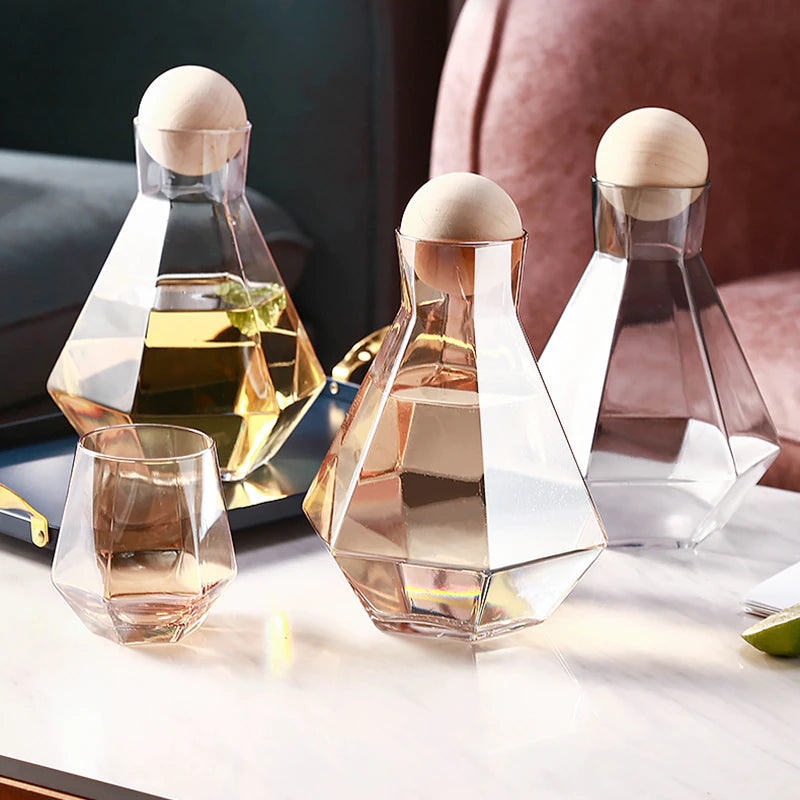 Iridescent brown carafe and glass set shaped like a diamond
