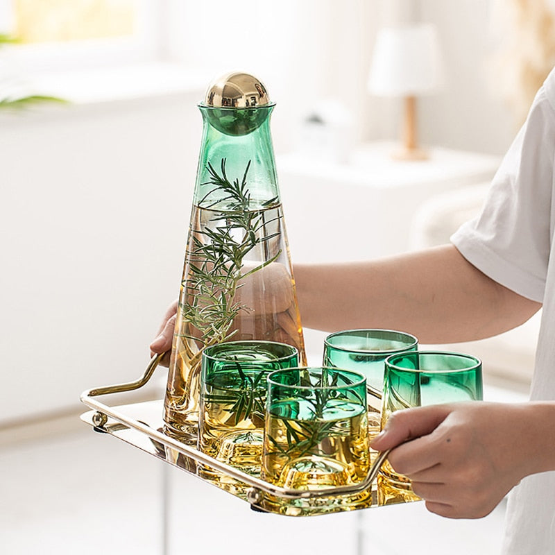 Glasscias' carafe pitcher blending turquoise and gold hues