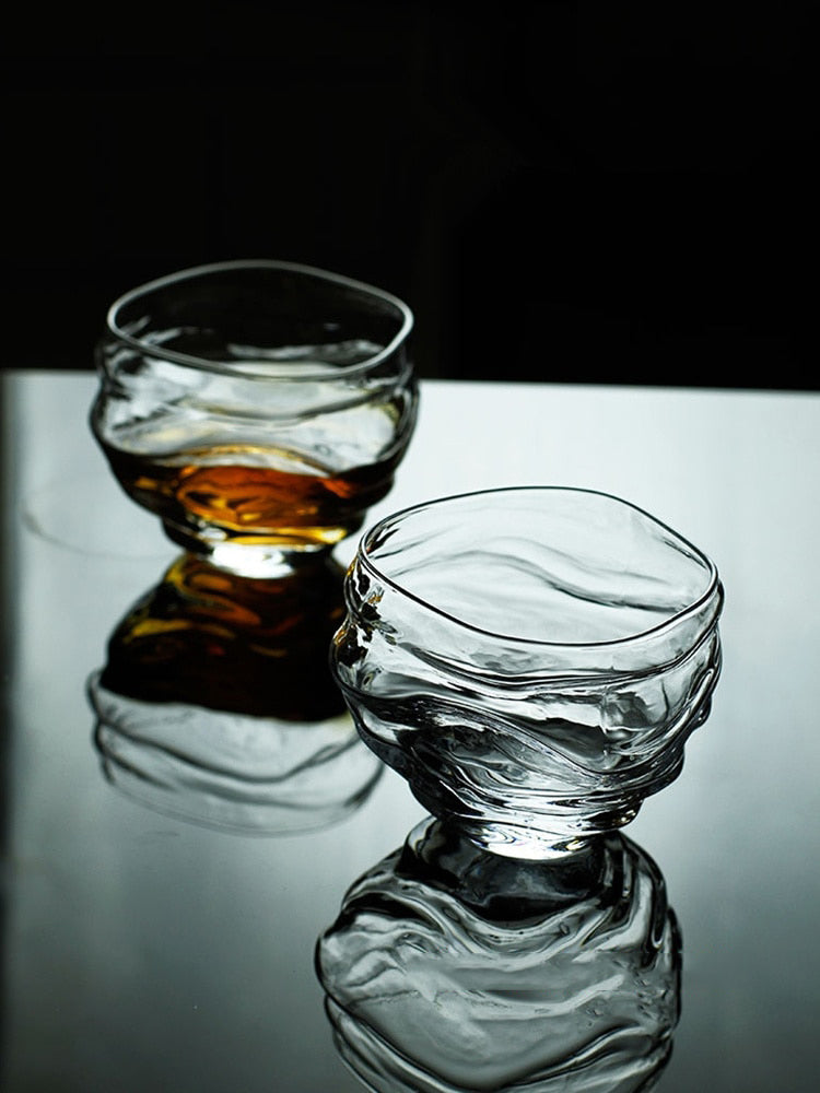High-end Japanese whiskey glass with a unique irregular shape.
