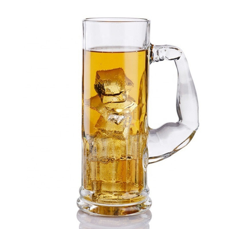 Humorous and functional beer mug for gym bros