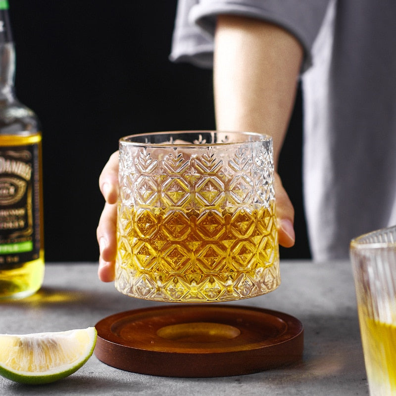 Nordic-inspired snowflake pattern on a rocking whiskey glass.
