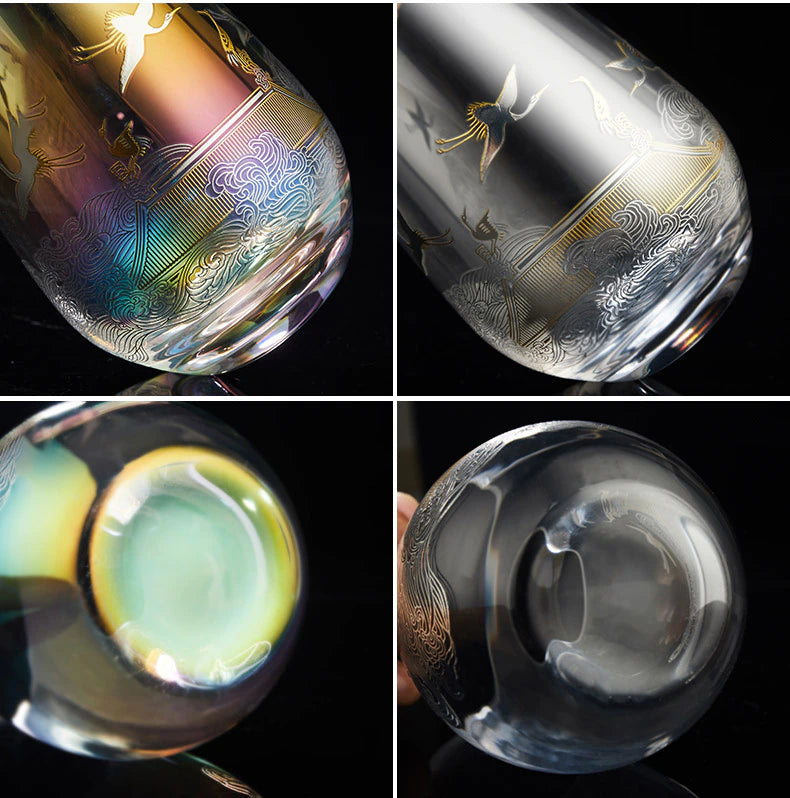 Iridescent crane-themed stemless wine glasses