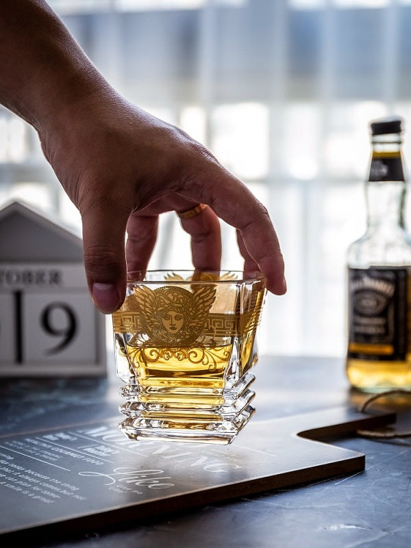 Unique square trophy-shaped Medusa whiskey glass