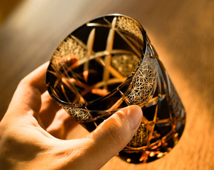 Edo Kiriko Whiskey Glass with gold-like hue