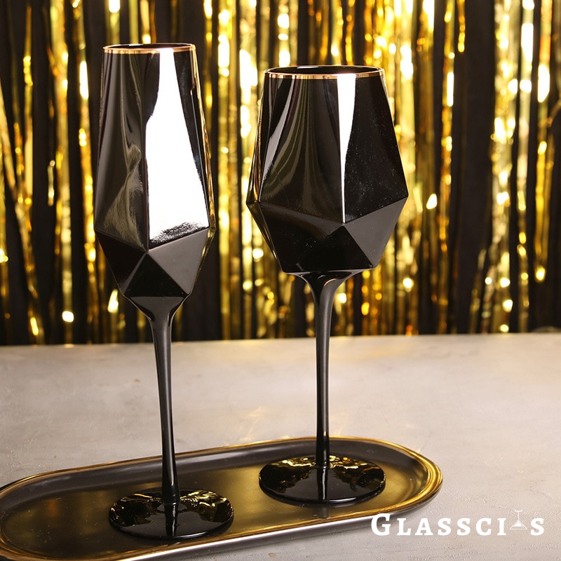 Gold Wine Glasses with Elegant Black Crystal Base