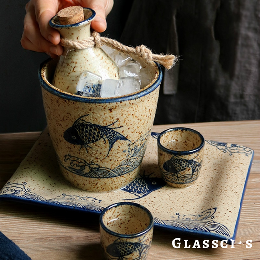 Vintage beige ceramic sake set with koi design