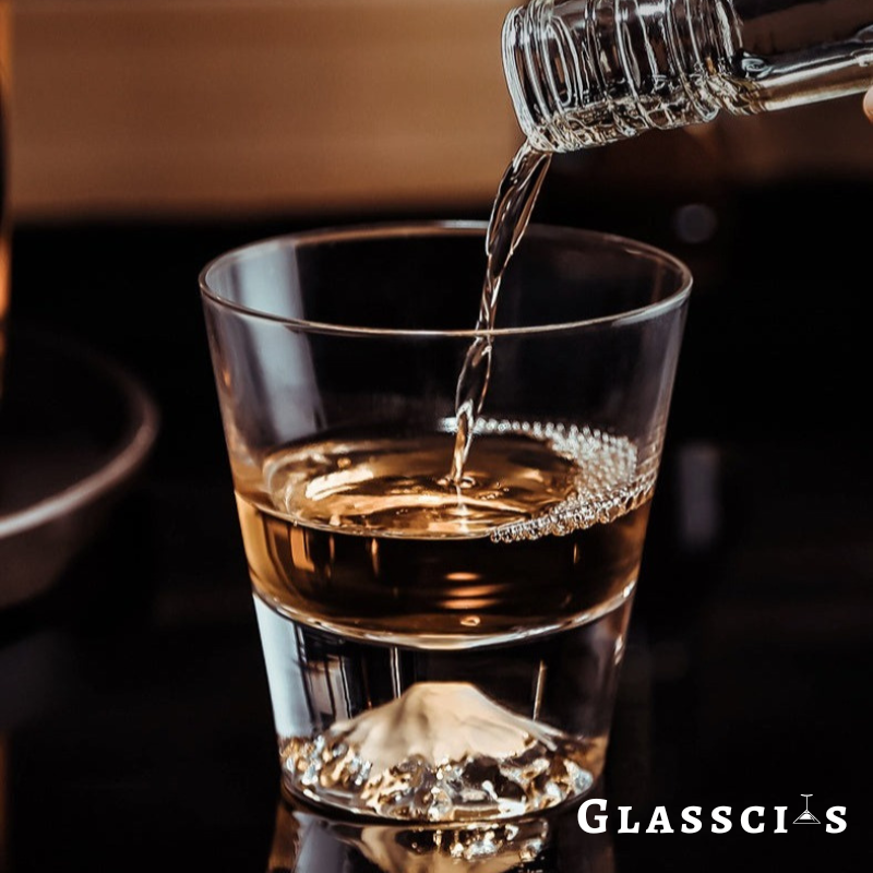 Whiskey glass showcasing intricate Mt. Fuji miniature