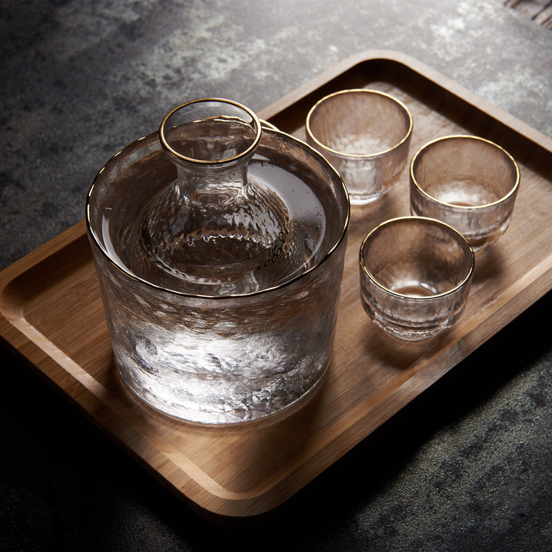 Unique textured sake pot and frosted cups