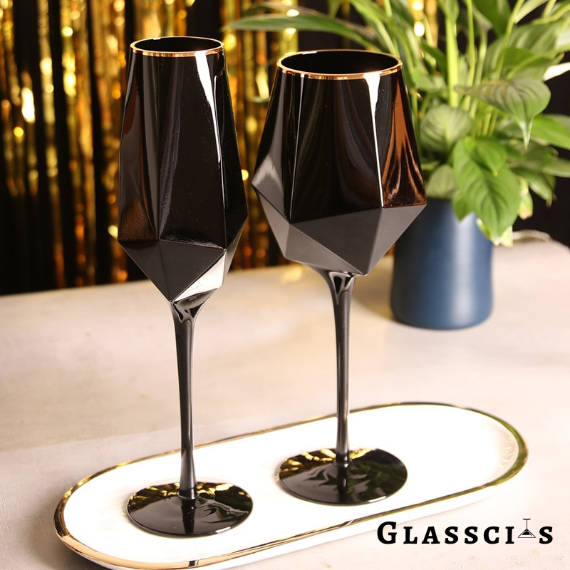 Unique Black Crystal Wine Glasses with Gold Accents by Glasscias