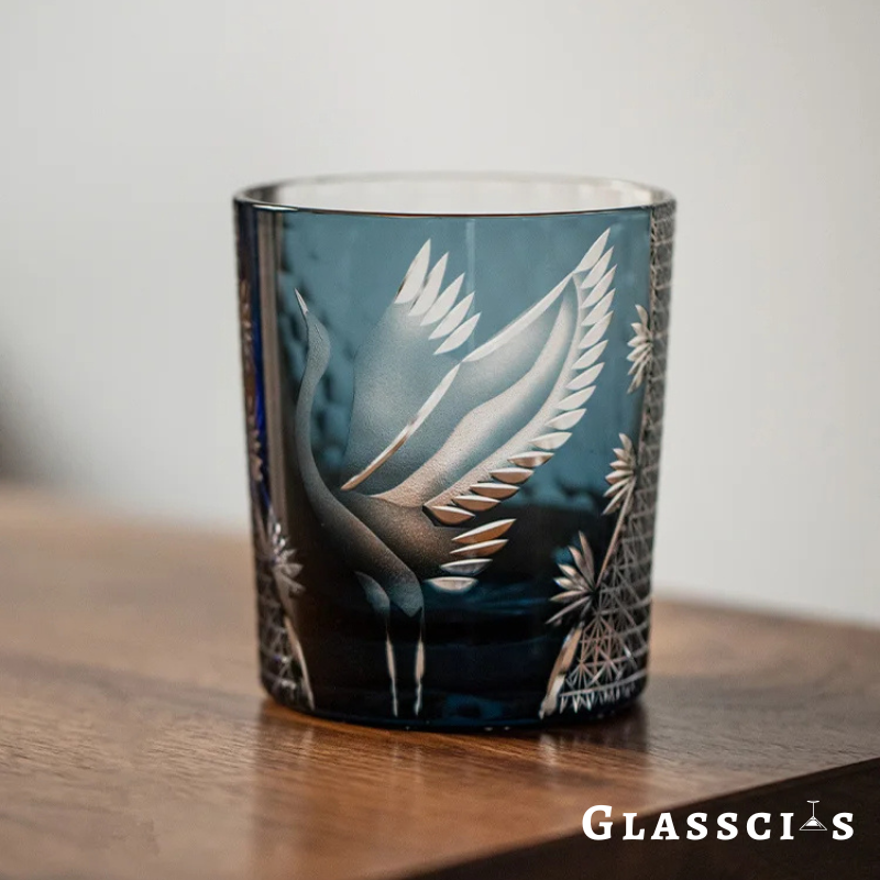 Elegant swan design in full spread on the Japanese Pine Crane Edo Kiriko Glass by Glasscias
