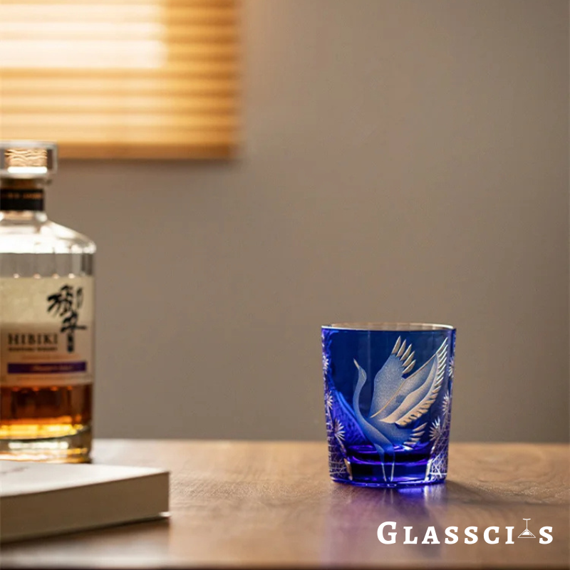 pine crane edo kiriko whiskey glass in blue color