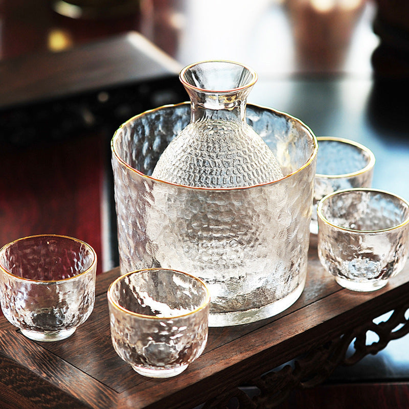 Gold-rimmed textured glass sake set