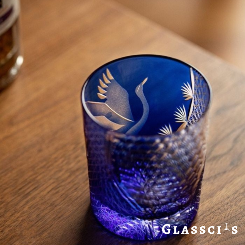 Refined craftsmanship showcasing a swan with extended wings on the Glasscias Edo Kiriko Whiskey Glass