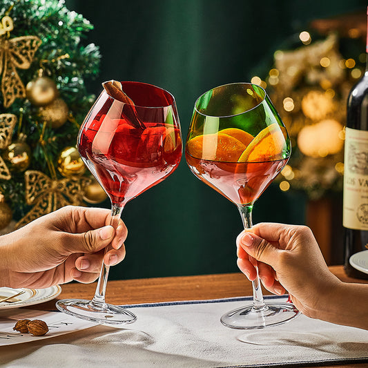 Red and green crystal wine glasses for Christmas