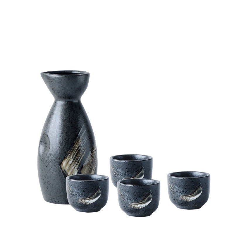 Designer matte black sake set with gold touch