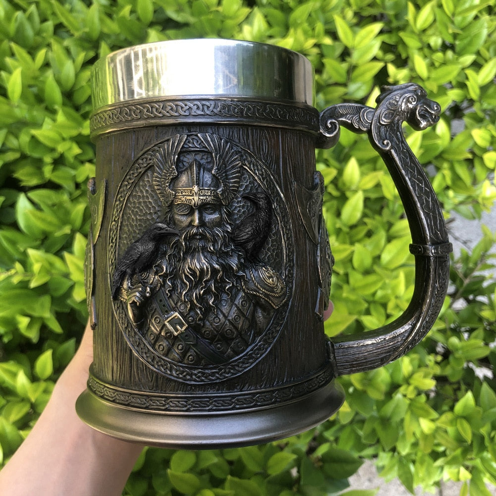 Odin-themed stainless steel and wood tankard