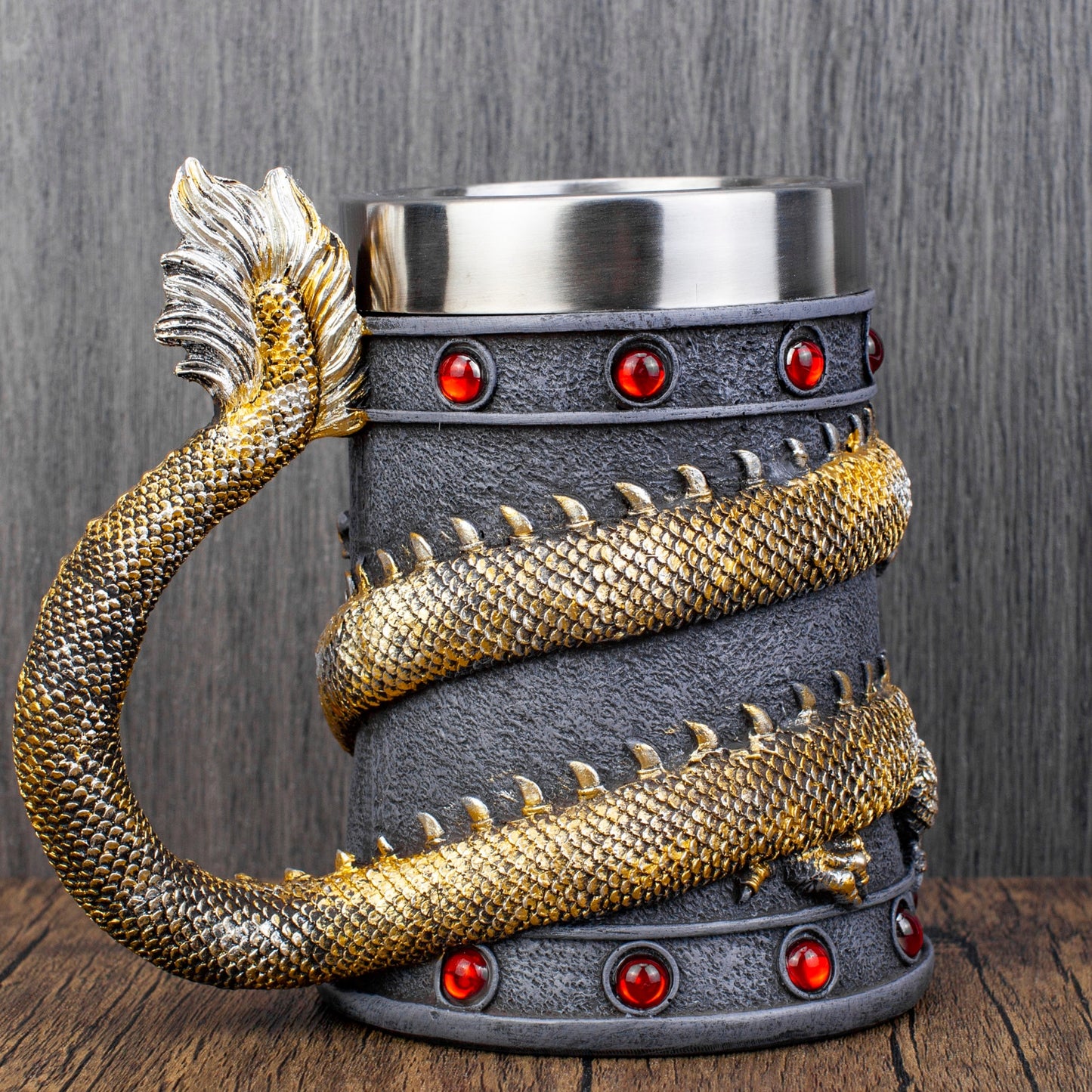 Mighty dragon tankard mug in gold color