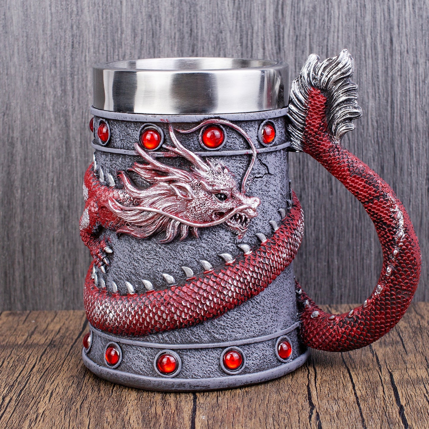 mighty dragon stainless beer tankard in red color