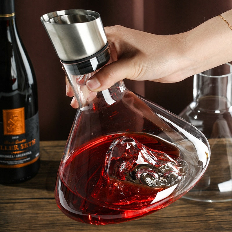 Conical flask wine decanter with a metal opening