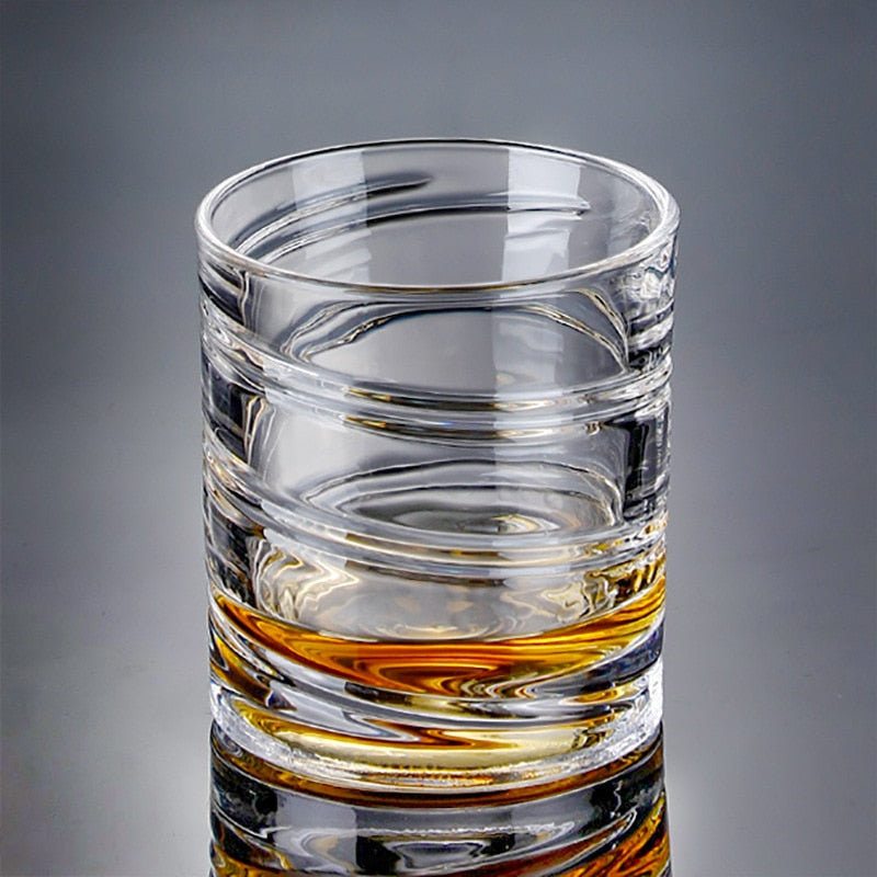 Spiraled texture detailing on a premium whiskey glass