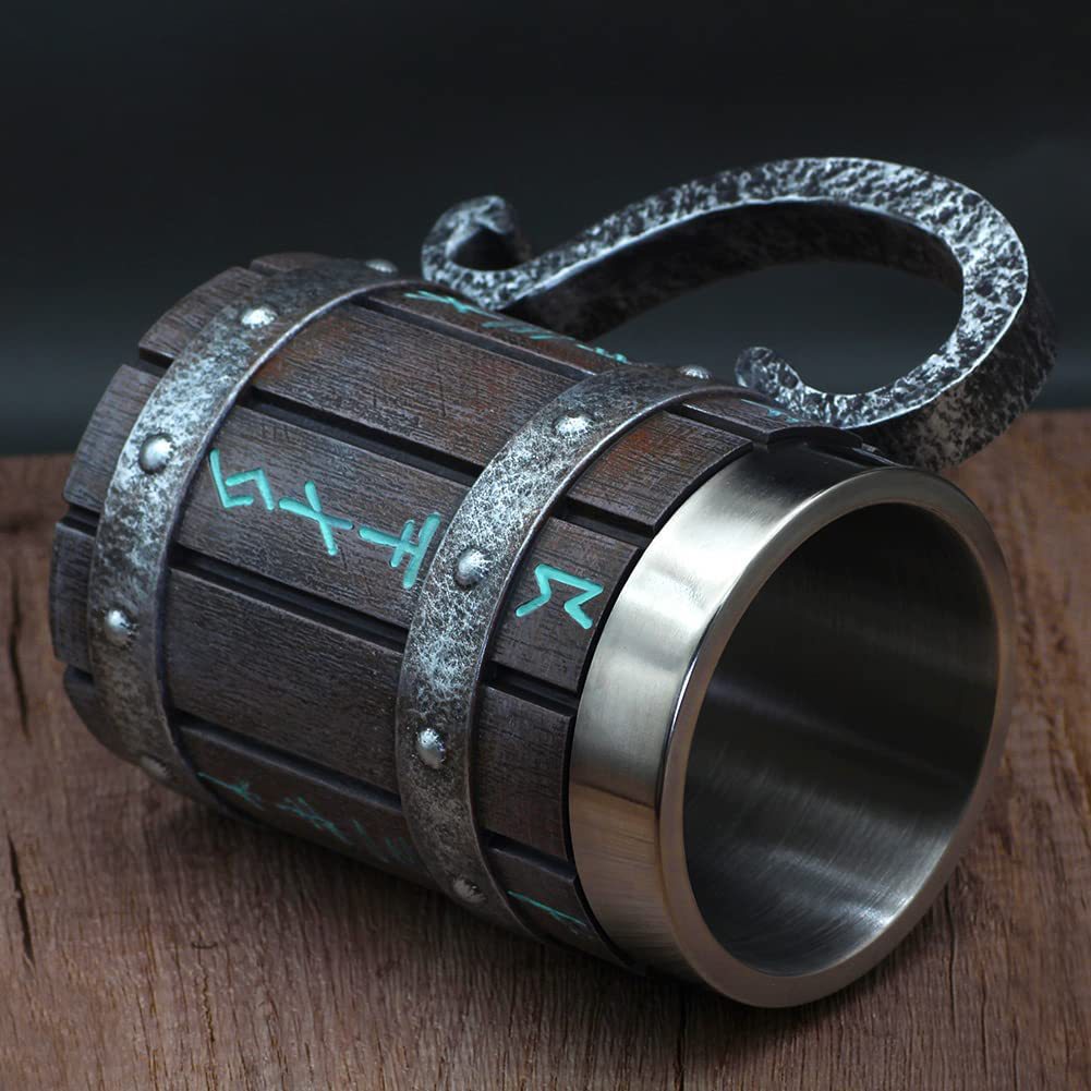 Timber tankard with ice blue Norse design