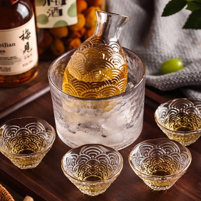 Japanese Seigaiha pattern sake sets