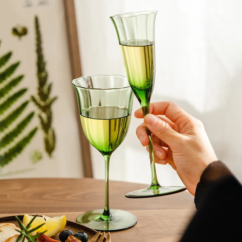 Vintage Green Flower Wine Glasses