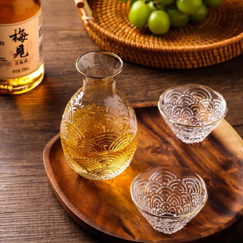 Seigaiha carved sake glasses and pitcher