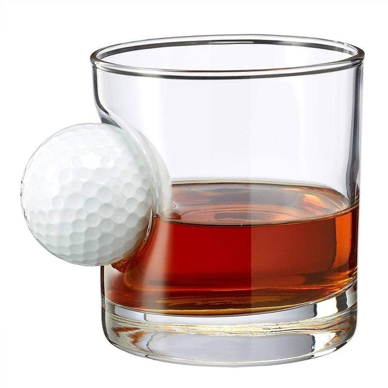 Whiskey glass with unique golf ball mug holder design