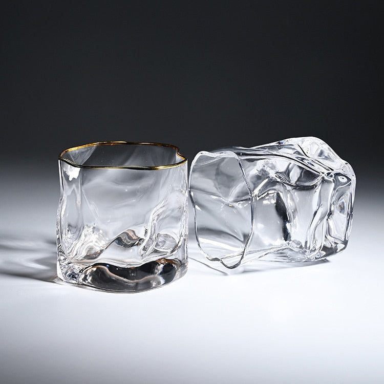 crumple whiskey glass with golden rim