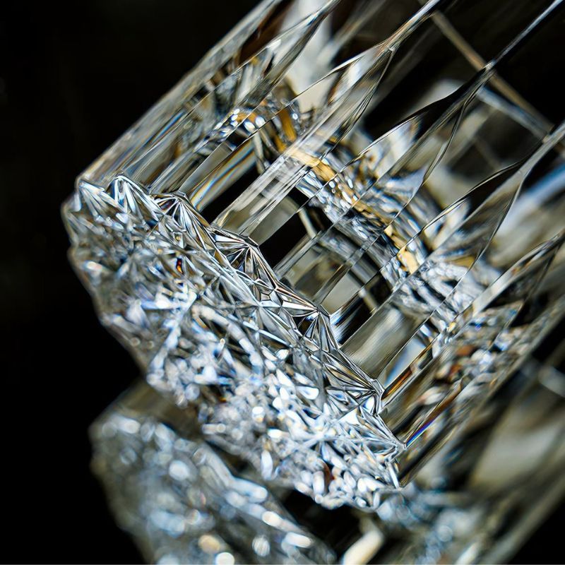 Close-up of hand-cut facets on a crystal whiskey glass