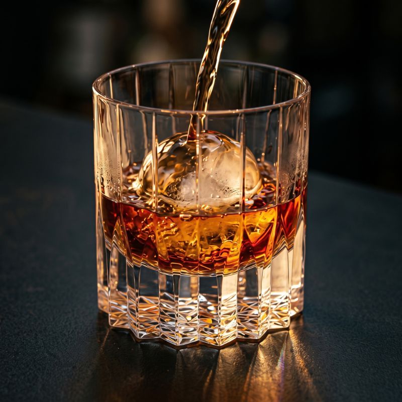 Whiskey poured over an ice sphere in a crystal whiskey glass