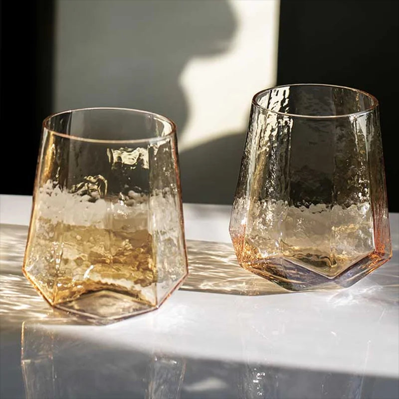 Unique hammered texture wine glasses in amber