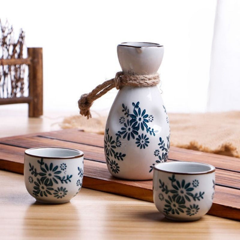 White and blue floral ceramic sake set
